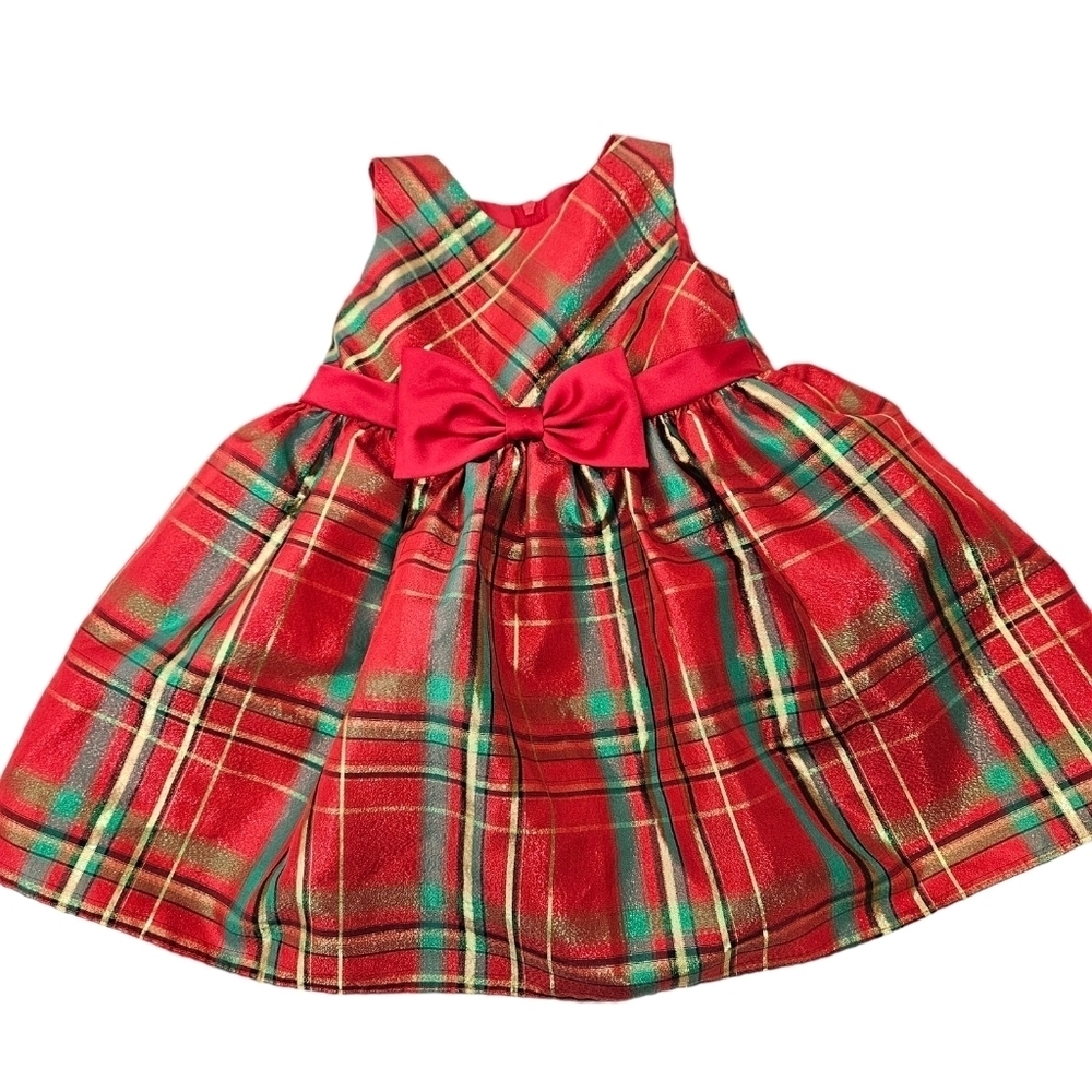 Rare Too Tartan‎ Plaid Christmas Dress Gold Shimmer Size 18 Months Girl's
